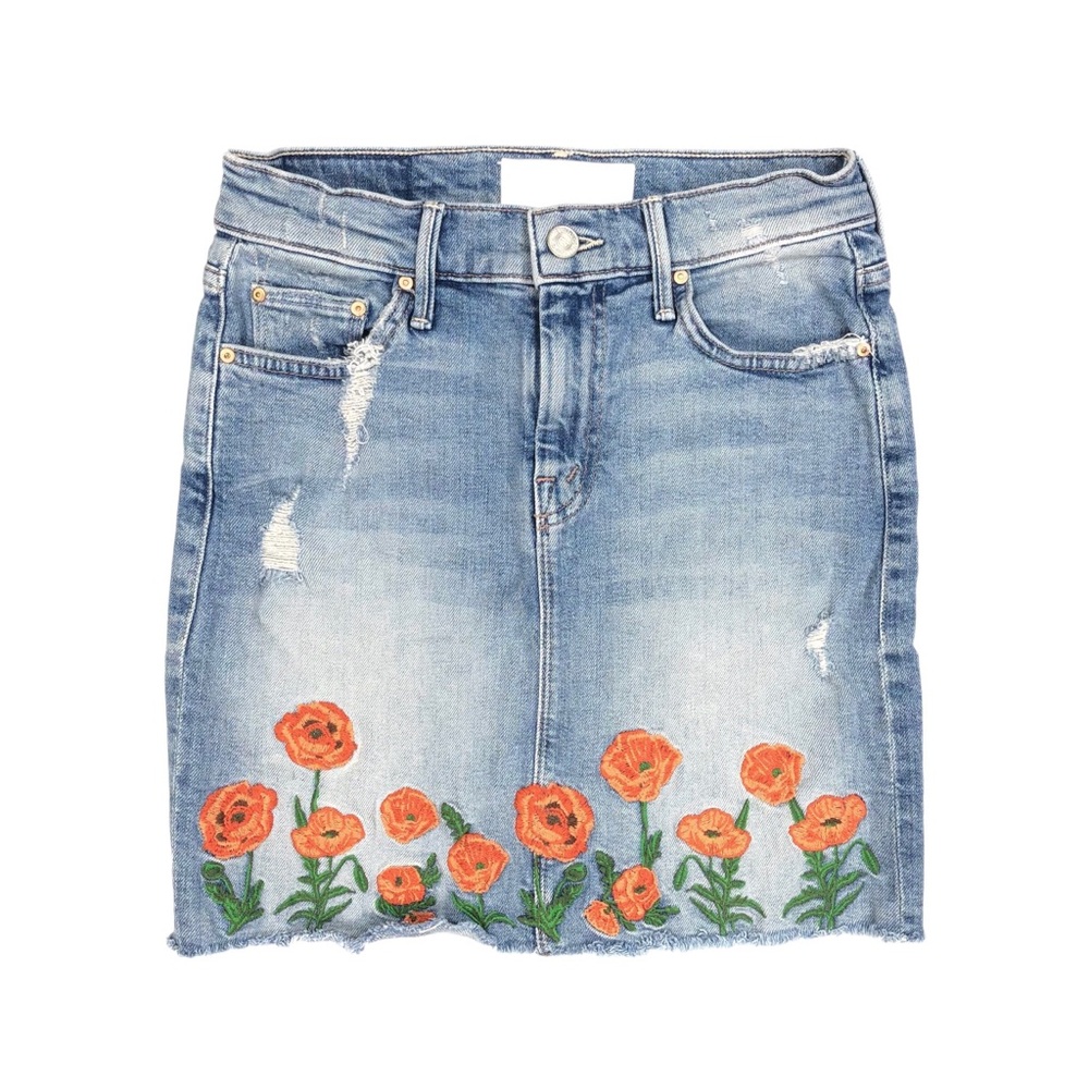 Mother Superior High Waisted Straight A Fray Mini Denim Skirt Size 24 Floral